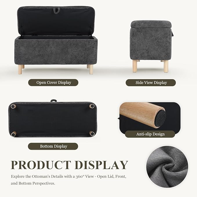 Ottoman with Storage, Storage Ottoman Bench, Entryway Bench, End of Bed Bench with Wood Legs for Bedroom, Living Room,Dark Grey