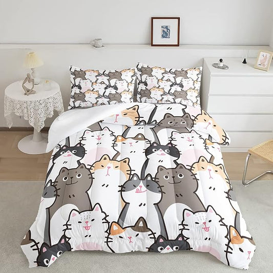 CVHOUSE Cat Bedding,Cartoon Cat Comforter King,Animals Print Comforter Set for Kids,Kawaii Quilt Set with 1 Comforter and 2 Pillow Cases