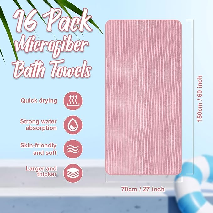 16 Pack Microfiber Bath Towels Bulk 27'' x 60'' Oversized Size Bath Towel Highly Absorbent Extra Large Soft Drying for Shower Beach Winter Salon Sport Gym Party (Pinstripe,Pink)