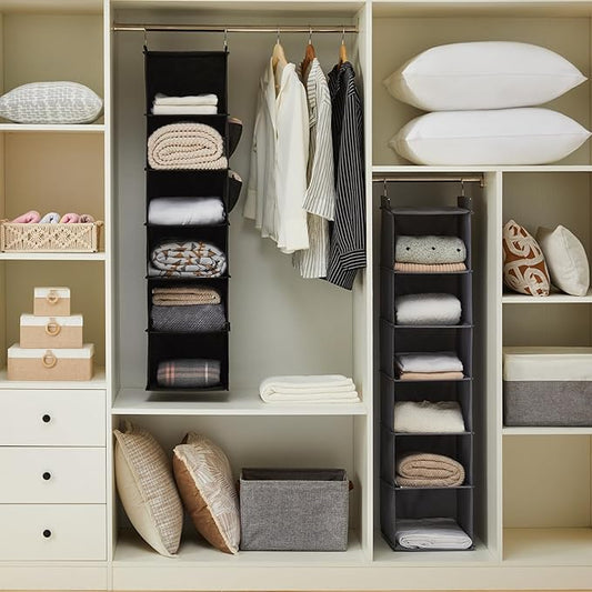 YOUDENOVA Hanging Closet Organizer, 6-Shelf Closet Hanging Storage Shelves, 2 Packs, Black
