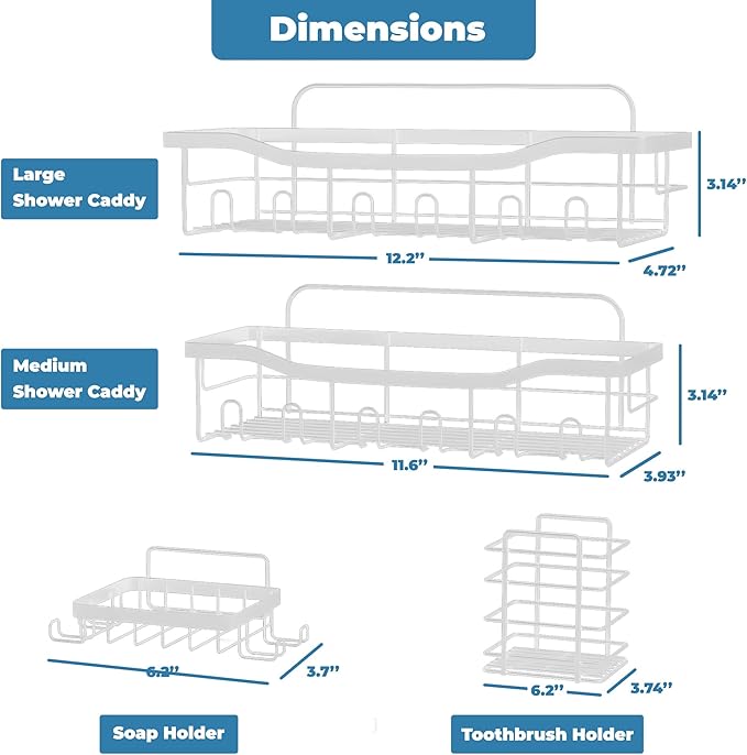 Fab Glass and Mirror Shower Caddy Pack of 5, white - Shower Organizer and Shelves for Efficient Storage, Wall Mounted Bathroom Caddy, Wall Organizer