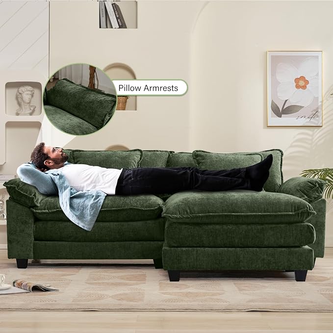 86" Modular Sectional Sofa, Comfy Cloud Couch Sectional Sofa with Ottoman, Chenille Sofa Sleeper Deep Seat Sofa with Throw Pillows for Living Room (Green, 86"- L Shape)