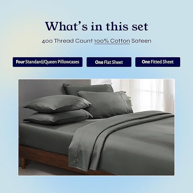 California Design Den 6-Pc Queen Size Sheet Set with 4 Pillowcases - 400 Thread Count 100% Cotton Sheets, Sateen Weave, Deep Pocket Bedsheets Set - Grey CaliforniaDesignDen