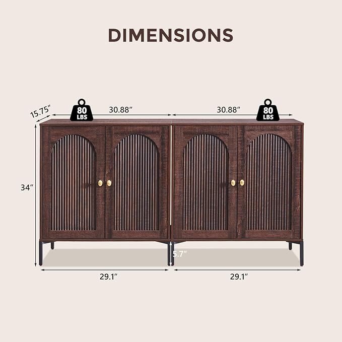 Bathroom Cabinet with Storage, 61.75" W Fluted Arched Free Standing Floor Cabinet w/Adjustable Shelves, Modern Sideboard Cabinet for Bathroom, Kitchen, Living Room, Entryway, Brown