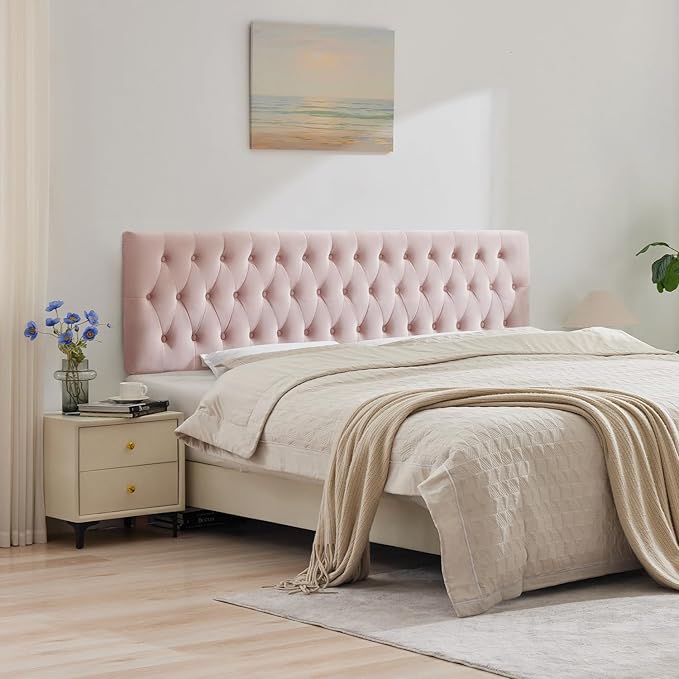 Kingfun Headboards in Modern Button Design, Premium Velvet Fabric Upholstered Tufted Bed Headboard, Adjustable Solid Wood Head Board (Pink, Twin)