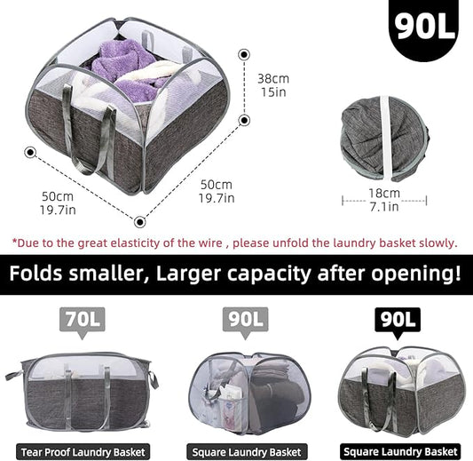 Collapsible Laundry Basket, 90L Foldable Pop-up Laundry Hamper with Reinforced Handles, Tear Proof Mesh Dirty Clothes Hamper for Laundry (Gray)