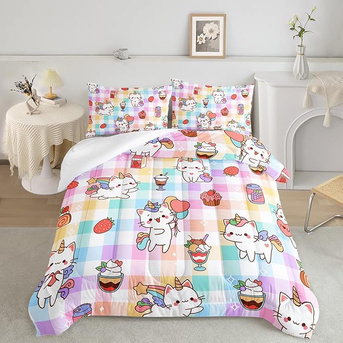 CVHOUSE Cartoon Cat Comforter Queen Set,Rainbow Cat Girls Queen Bedding Set for Kids Teens,Cat Unicorn Quilt Set 3Pcs Cat Bed Set Cat Duvet Set Kitty Room Decor All Season