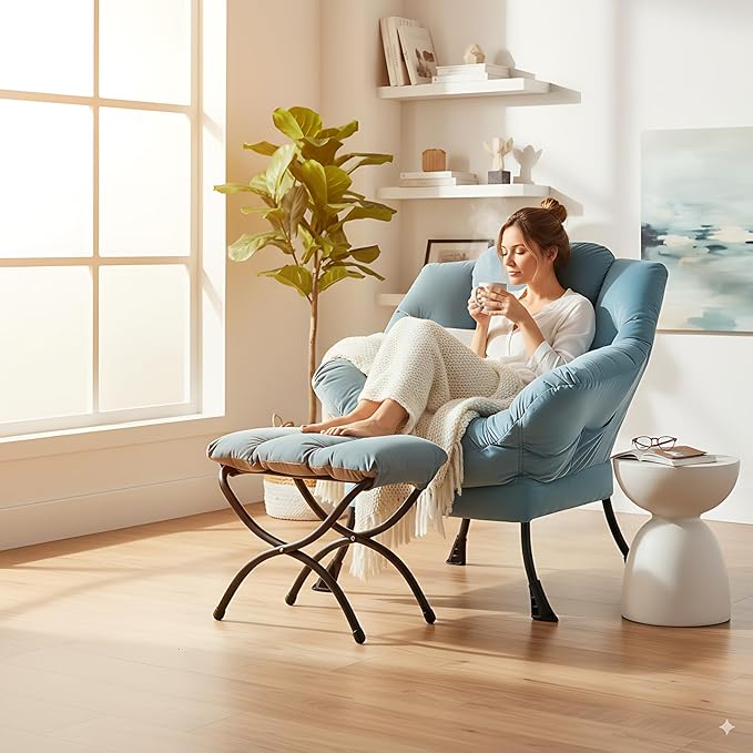 Cozy Lazy Chair and Ottoman, Large Contemporary Accent Lounge Chair Set, Leisure Upholstered Reading Armchair for Bedroom, Living Room, Dorm Rooms, Office