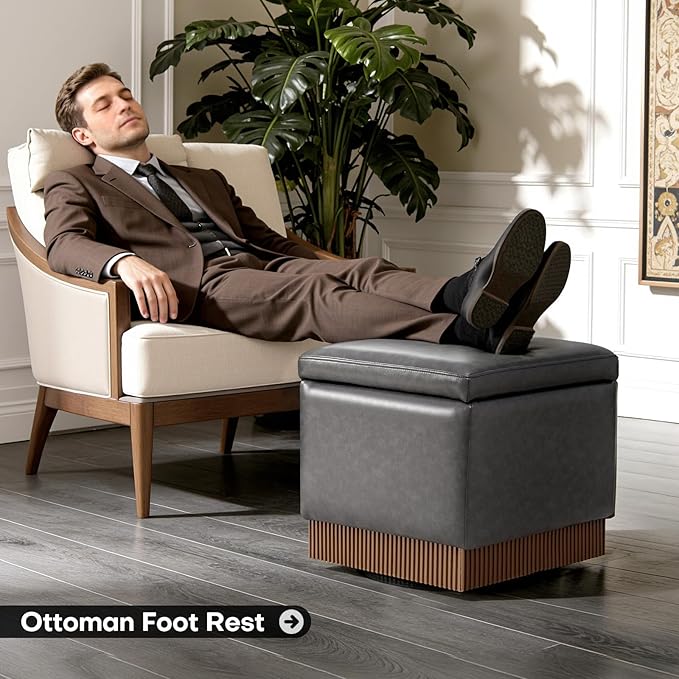 Square Ottoman with Storage,Swivel Vanity Stool-Faux Leather Foot Rest,Upholstered Footstool Pouf with Sturdy Acacia Wood Frame(500lbs),Small Coffee Table & Hidden Storage for Living Room
