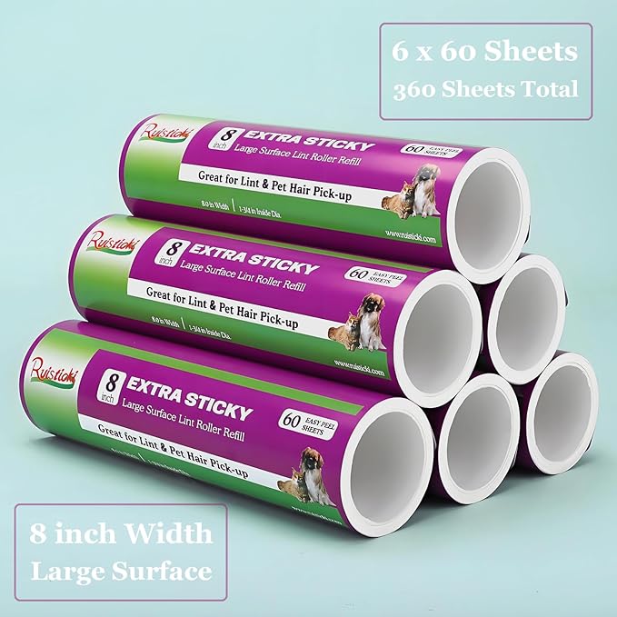 8 inch Large Surface Roller Refill Compatible with Scotch-Brite Pet Hair Pickup Extra Sticky Large Lint Roller Replacement 60 Easy-Tear Adhesive Sheets per Refill Pack of 6 Rolls 360 Sheets Total