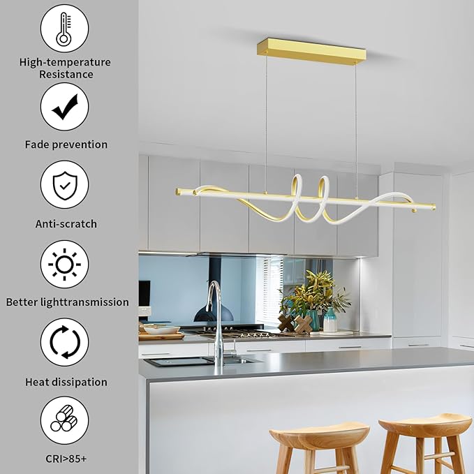 Modern LED Pendant Lights, 47in Gold Chandelier Dimmable with Remote Control 3000k-6000K Adjustable Color Temperature, Aluminum Island Lighting Lamp Fixture for Kitchen, Dining Room