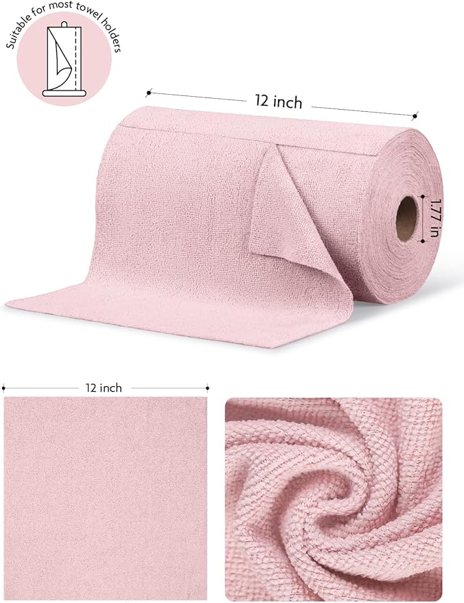 Fantasticlean Microfiber Cleaning Cloth Roll -675 Pack, Tear Away Microfiber Towels, 12" x 12", Reusable, Washable, Ultra Absorbent Dishcloth for All-Around Cleaning Supplies (9 Rolls of Pink)