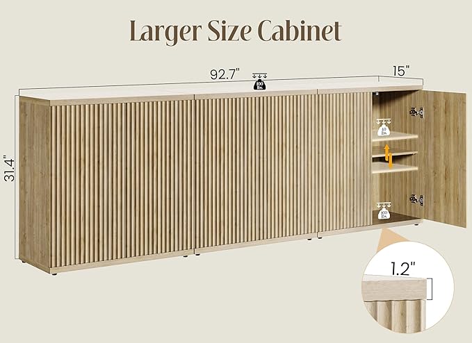 Fluted Buffet Cabinet Sideboard with Storage,Wooden Credenza with 2 Doors&Adjustable Shelve, Modern Accent Cabinets Coffee Bar Bookcase for Living Room,Kitchen Dining Room Entryway 15"D Natural Oak