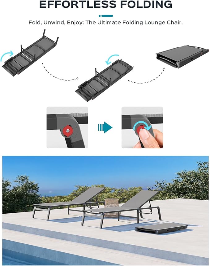 Ciokea Patio Chaise Lounge Chair, Foldable Lounge Chair for Outside, Aluminum Chairs Set of 2 with 5 Adjustable Backrest, Outdoor Pool Lounger for Poolside, Lawn, Deck, Grey