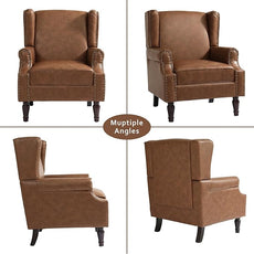 Lumibee Accent Chairs, Faux Leather High Back Armchair setof 2 or Living Room, Comfy Upholstered Single Sofa Reading Chairs with Solid Wood Legs for Office, Bedroom, Waiting Room-Leather Brown