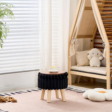 Wimarsbon Storage Ottoman,Soft Faux Fur Footstool with Padded Seat, Small Reading Vanity Chair, Footrest with Wood Tray for Couch, Mini Coffee Table or Display Stand (Black, Round Storage)