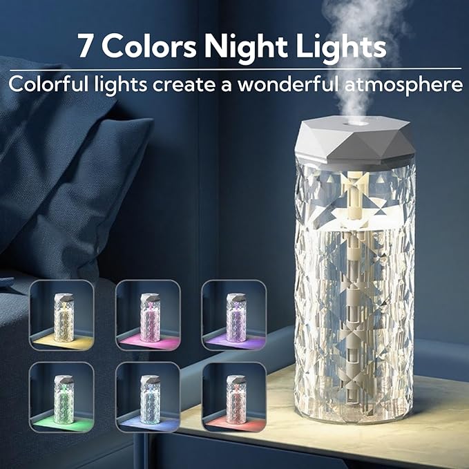 Portable Small Humidifier Dual Nozzle - Large Cool Mist Humidifiers Double Spray Ports, Water Shortage Protection, Ultra-Quiet, Mini Humidifier for Bedroom Plants Office Car Travel (Crystal Lamp)