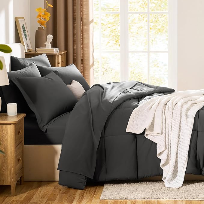 CozyLux King Size Comforter Set Dark Grey - 7 Pieces Bed in a Bag King, Okeo-Tex Certifited Bedding Set, All Season Soft Bed Set with Down Alternative Comforter, Sheets, Pillowcases & Pillow Shams