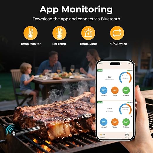 BlueSwan Bluetooth Meat Thermometer Digital, Food Thermometer Wireless 820 ft Range with 2 Color Probes with APP for Grill, Smoker, Oven, Magnetic Design for Cooking, BBQ, Valentines Day Gifts for Him