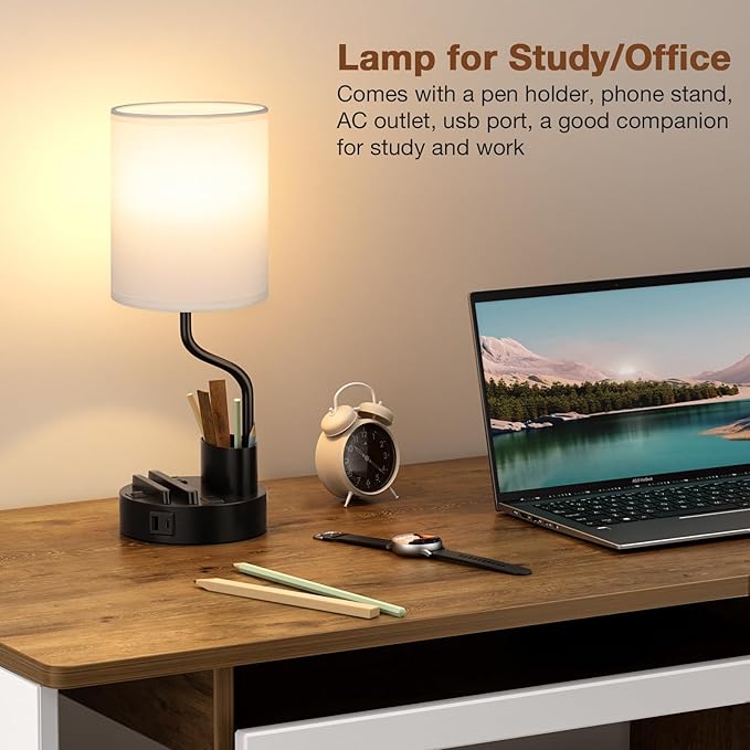 White Bedside Table Lamps for Bedroom Set of 2 - Nightstand Light with AC Outlet and USB A & C for Charging, 3 Color Temperatures Desk Lamp with Pen Holder & Phone Stand for Living Room/Dorm/Office