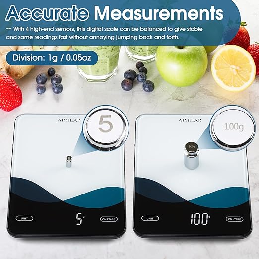 AIMILAR Smart Kitchen Scale - 10kg/22lb Rechargeable Food Scale with Nutritional Calculator, Calorie Counting, Tare Function, USB-C Charging, in g/lb:oz/oz/ml, LED Display, Tempered Glass
