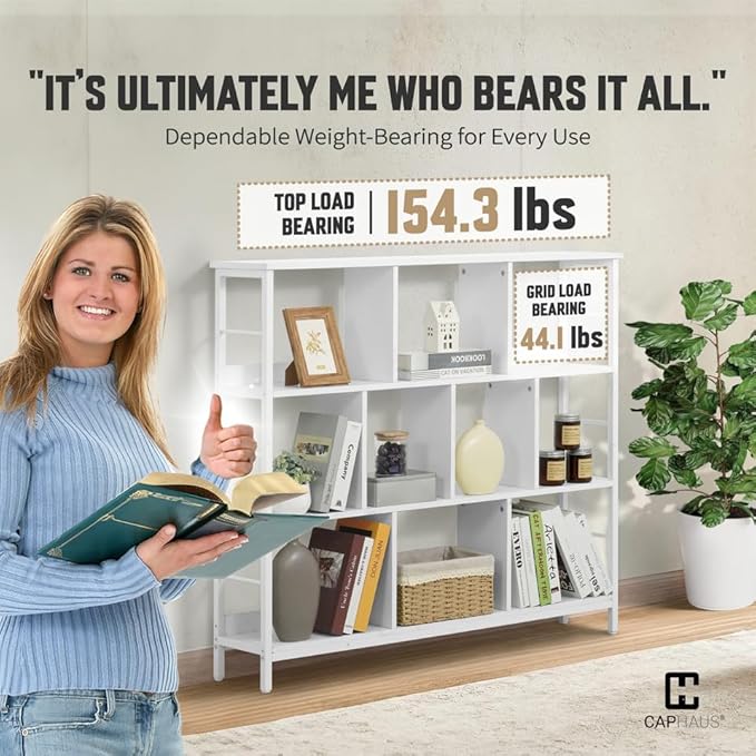 CAPHAUS 10 Cube Storage Organizer, 48” Wide 3 Tier White Industrial Open Shelf Bookcase, Display Shelf, Horizontal Bookshelf with Metal Frame, Wooden Board, for Living Room, Bedroom, Office