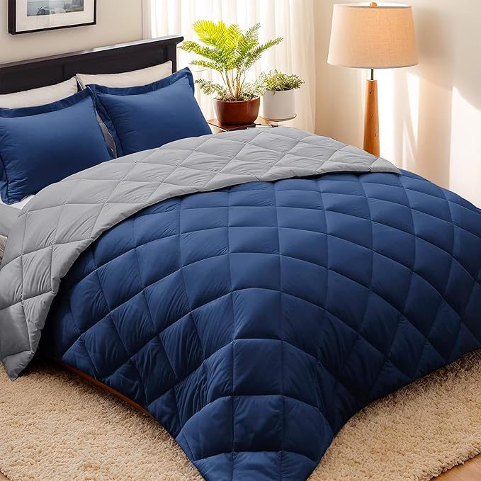 HIG 3pc Navy Twin/Twin XL Comforter Set - All Season Reversible Down Alternative Comforter with Sham - Quilted Duvet Insert with Corner Tabs - Diamond Stitched Blanket - Breathable, Soft, Fluffy