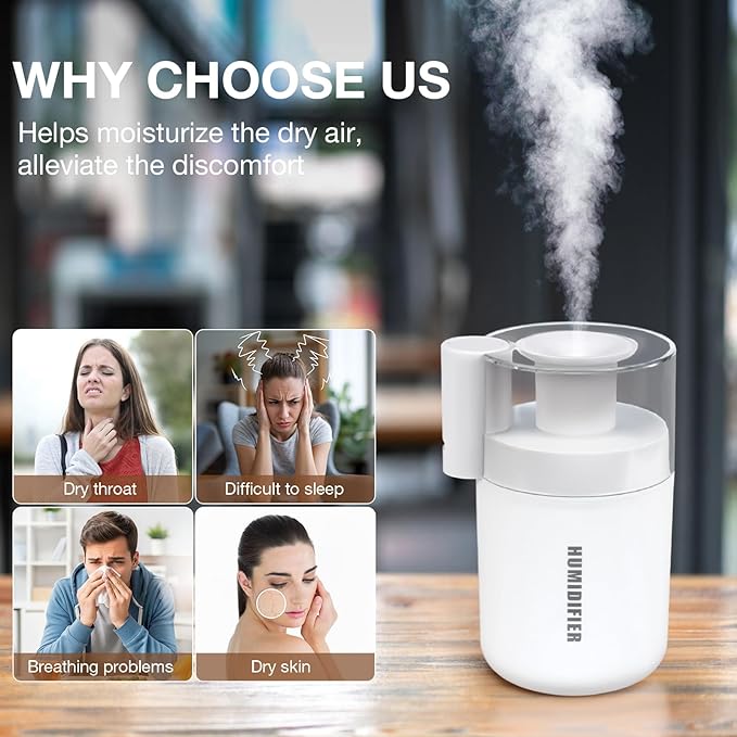 Portable Mini Humidifier, 180ml USB Cool Mist Small Humidifiers for Bedroom, Personal Desktop Humidification for Car Office Travel & Indoor Plants(White)