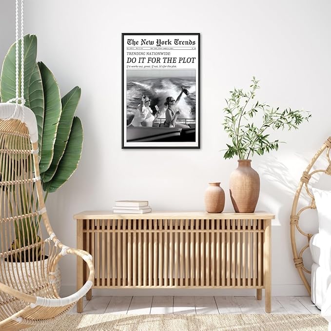 Retro New York Trends Wall Art Black and White Newspaper Poster Do It for The Plot Canvas Prints Funky Feminist Posters Trendy College Wall Decor for Bar Cart Hot Girl Dorm Room Decorative 12x16inch black framed