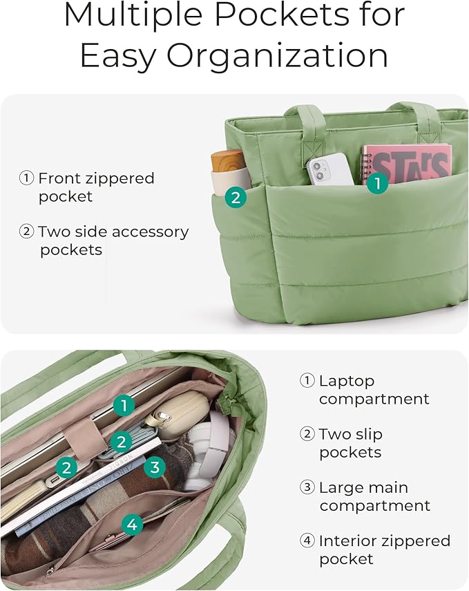 BAGSMART Tote Bag for Women, Lightweight Puffy Tote Bag with Compartments Shoulder Bag Handbag for Travel, Work, Gym