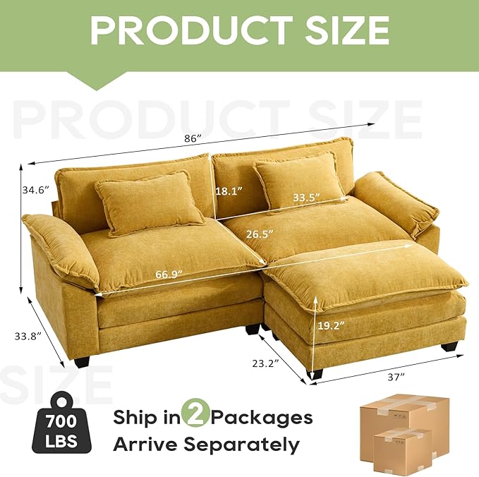 86" Modular Sectional Sofa, Comfy Cloud Couch Sectional Sofa with Ottoman, Chenille Sofa Sleeper Deep Seat Sofa with Throw Pillows for Living Room (Yellow, 86"- L Shape)