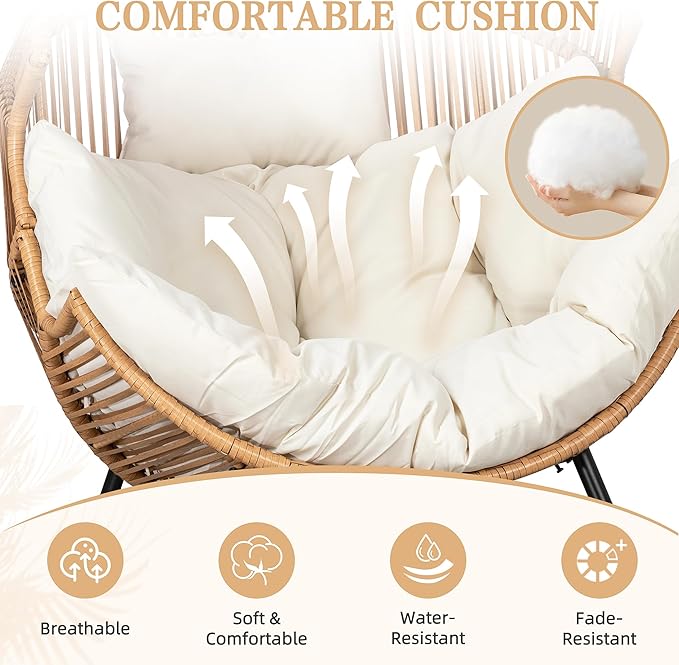 Vongrasig Comfy Wicker Rocking Egg Chair, Soft Thick Cushion Rattan Lounge Chair, High Capacity Steel Frame, Reading Chair for Living Room, Bedroom, Dorm Rooms (Beige)
