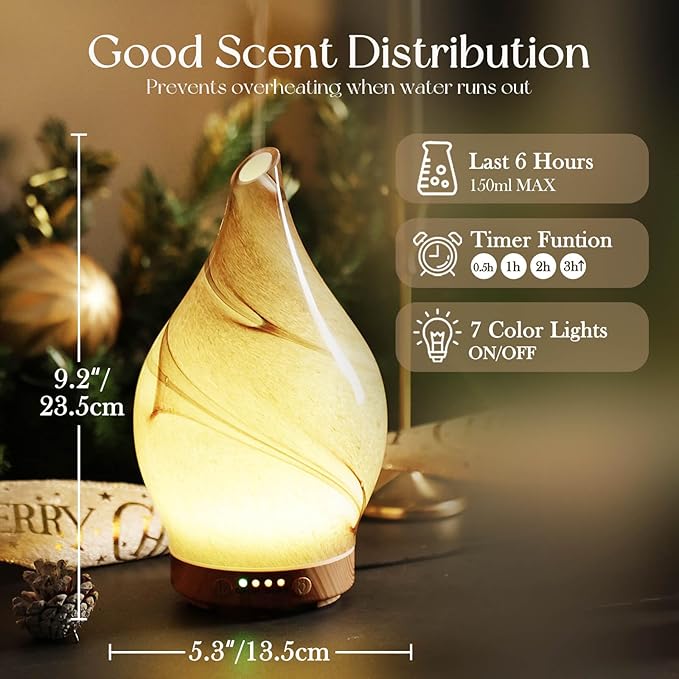 Porseme 150ml Essential Oil Diffuser Glass Color Changing Aroma Air Diffusers Aromatherapy Ultrasonic Cool Mist Humidifier 6 Running Hours Waterless Auto-Off for Sleeping, Yoga, Office, Spa (Desert)