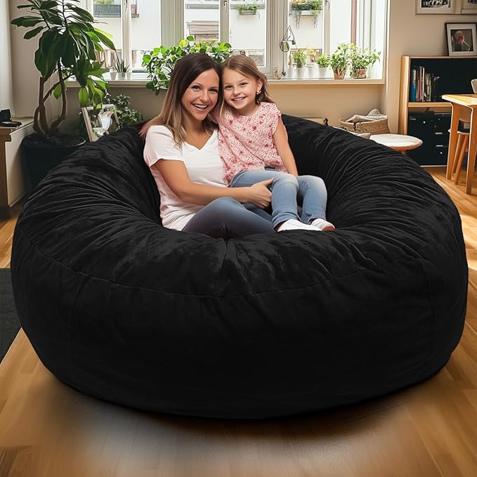Ultimate Sack 6000 6-Foot Bean Bag Chair, Black Fur Cover – Oversized Foam Lounger, Floor Seat, Small Sofa, or Couch Bed for Living Area, Gaming Room, or Reading Lounge