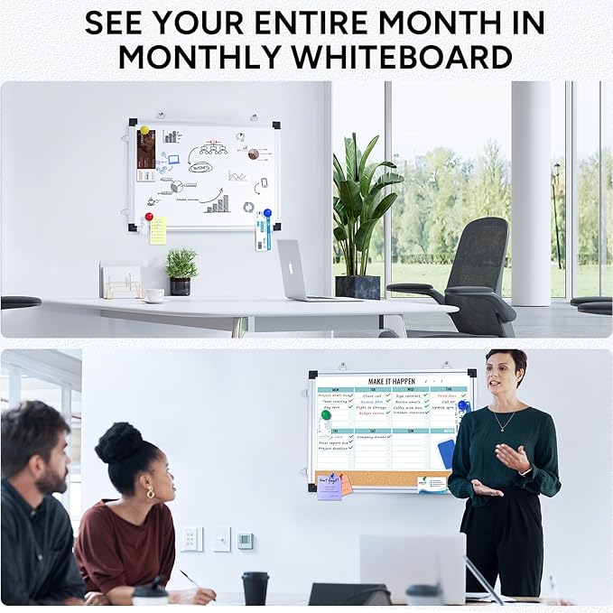 Weekly Calendar Whiteboard and Cork Board Combo for Wall, 17"x13" Reversible Hanging Dry Erase Board, Double Sided White Board with Aluminum Frame for Planning, Office, Kitchen, School, Home