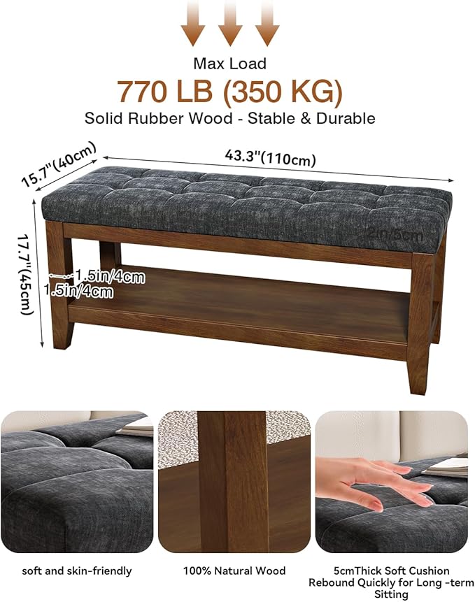 Solid Rubber Wood Shoe Bench, Soft Chenille Material Upholstered Seat, 770LB Load Capacity, Multi-Storage for Entryway/Bedroom/Living Room, Vintage Style, 43.3"x15.7"x17.7", Dark Gray,UASND65G