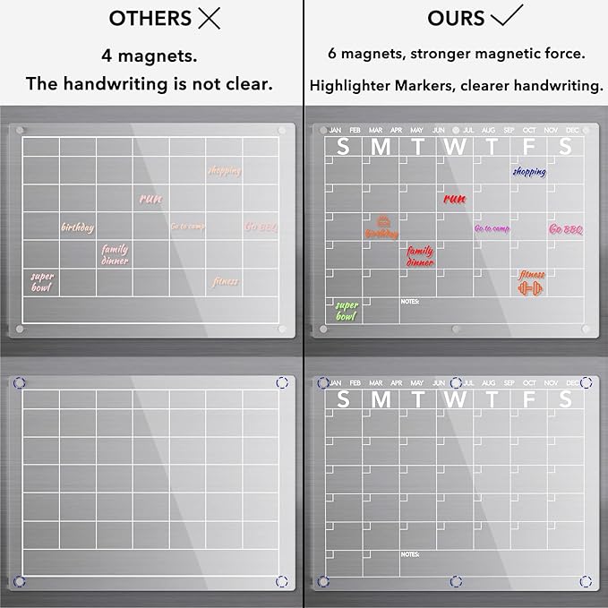 Acrylic Magnetic Dry Erase Board Calendar for Fridge, Clear Monthly Planner Whiteboard for Refrigerator, w/ 8 Colors Markers, 15"x11"