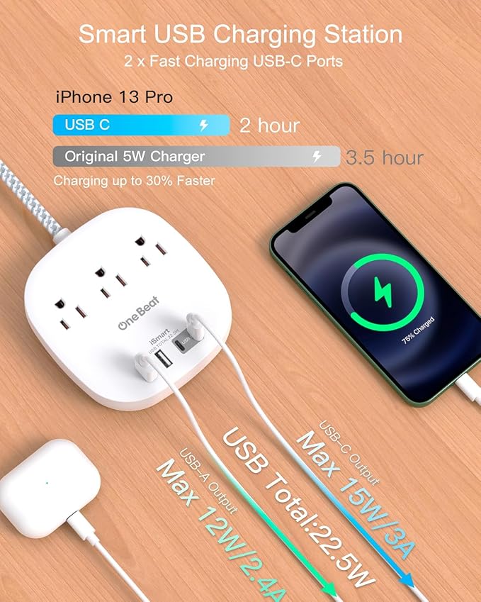 Flat Plug Power Strip, 6ft Flat Extension Cord - 3 Outlets 4 USB Ports (2 USB C) 22.5W/4.5A Desktop Charging Station, Power Strip with Surge Protection for College Dorm Room Travel Essentials