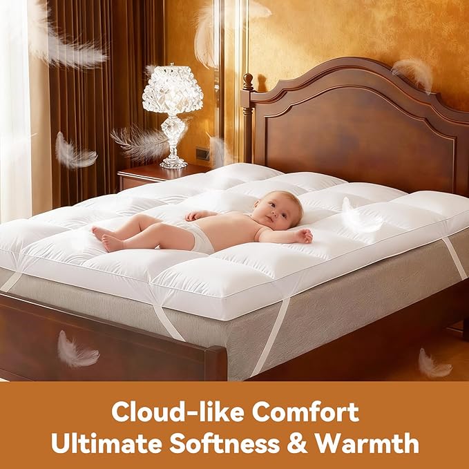 3 Inch White Goose Feather Mattress Topper,King Feather Bed Topper,Mattress Cover with Straps,Ultra Soft Pillowtop,100% Organic Cotton Fabric(78”x80”)