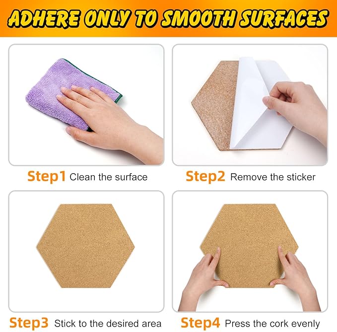 TUPARKA 4 Pack Cork Board Hexagon Bulletin Boards Cork Tiles 8.2"x7" - 1/4" Self-Adhesive Corkboards with 50 Push Pins Mini Wall for Wall Home School Office Decorative (4, 8.2''*7'')