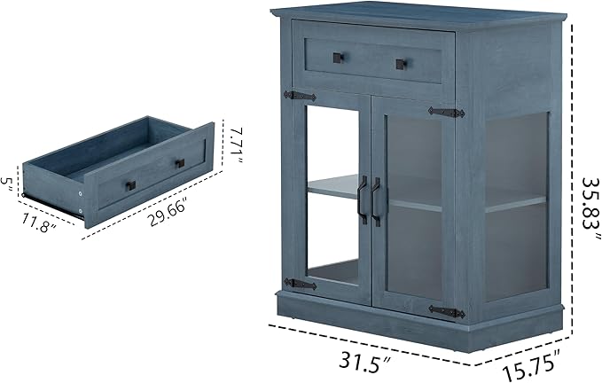 Modern 31.5'' Small Sideboard Buffet Cabinet with Storage,Small Coffee bar Cabinet with a Drawer and Adjustable Shelf,Glass Doors Sideboard Buffet with LED for Kitchen,Blue