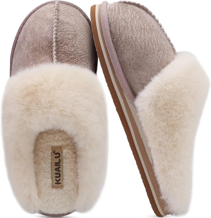 KuaiLu Womens Fluff Dual Memory Foam Slippers Ladies Cozy Arch Support Warm Scuff Slippers Slip on Comfy Winter House Shoes with Non-Slip Indoor Outdoor Hard Sole