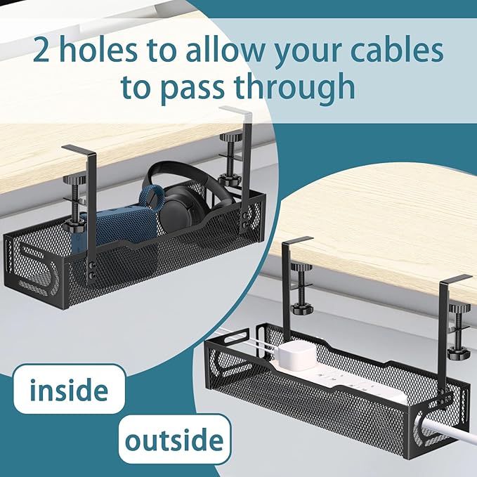 Under Desk Cable Management Tray, No Drill Mesh Desk Cable Tray, Wire Management Tray Cable Management Rack, Wire Organizer and Cable Management Box (Black)