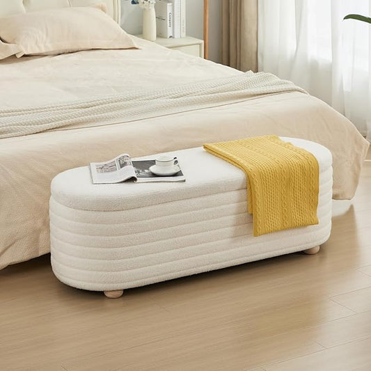 53" Storage Bench Teddy Ottoman Bench Upholstered Fabric Bench End of Bed Stool with Safety Hinge for Bedroom, Living Room, Entryway, White