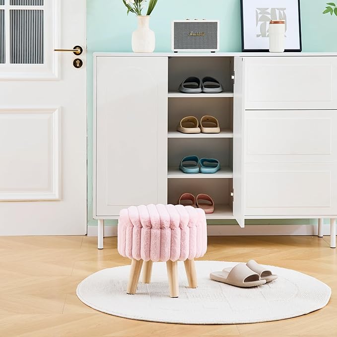 Wimarsbon Storage Ottoman,Soft Faux Fur Footstool with Padded Seat, Small Reading Vanity Chair, Footrest with Wood Tray for Couch, Mini Coffee Table or Display Stand (Pink, Round Storage)