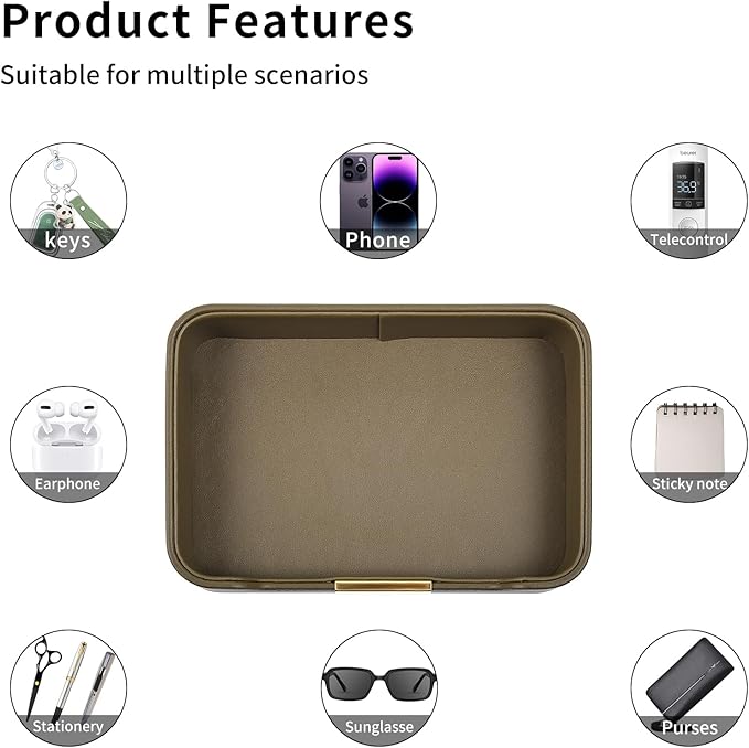 Luxury Leather Valet Tray Desktop Storage Organizer,Bedside Vanity Catchall Tray Nightstand Caddy Holder for Cosmetic,Jewelry,Watch,Keys,Phone,Wallet,Remote Controller,Pen,Olive Green