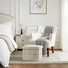 Storage Ottoman Foot Rest Stool, Small Leather Storage Ottomans Bench, Folding Footstool with Side Pockets, Foot Rest Under Desk for Living Room Bedroom, 16x12x12 in, Beige