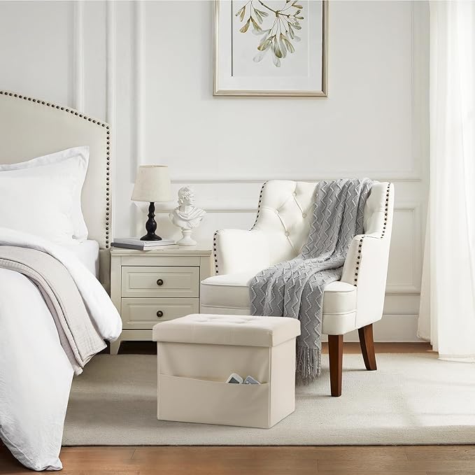 Storage Ottoman Foot Rest Stool, Small Leather Storage Ottomans Bench, Folding Footstool with Side Pockets, Foot Rest Under Desk for Living Room Bedroom, 16x12x12 in, Beige