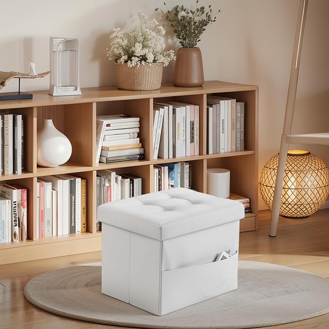 Storage Ottoman Foot Rest Stool, Small Leather Storage Ottomans Bench, Folding Footstool with Side Pockets, Foot Rest Under Desk for Living Room Bedroom, 17x13x13 in, White