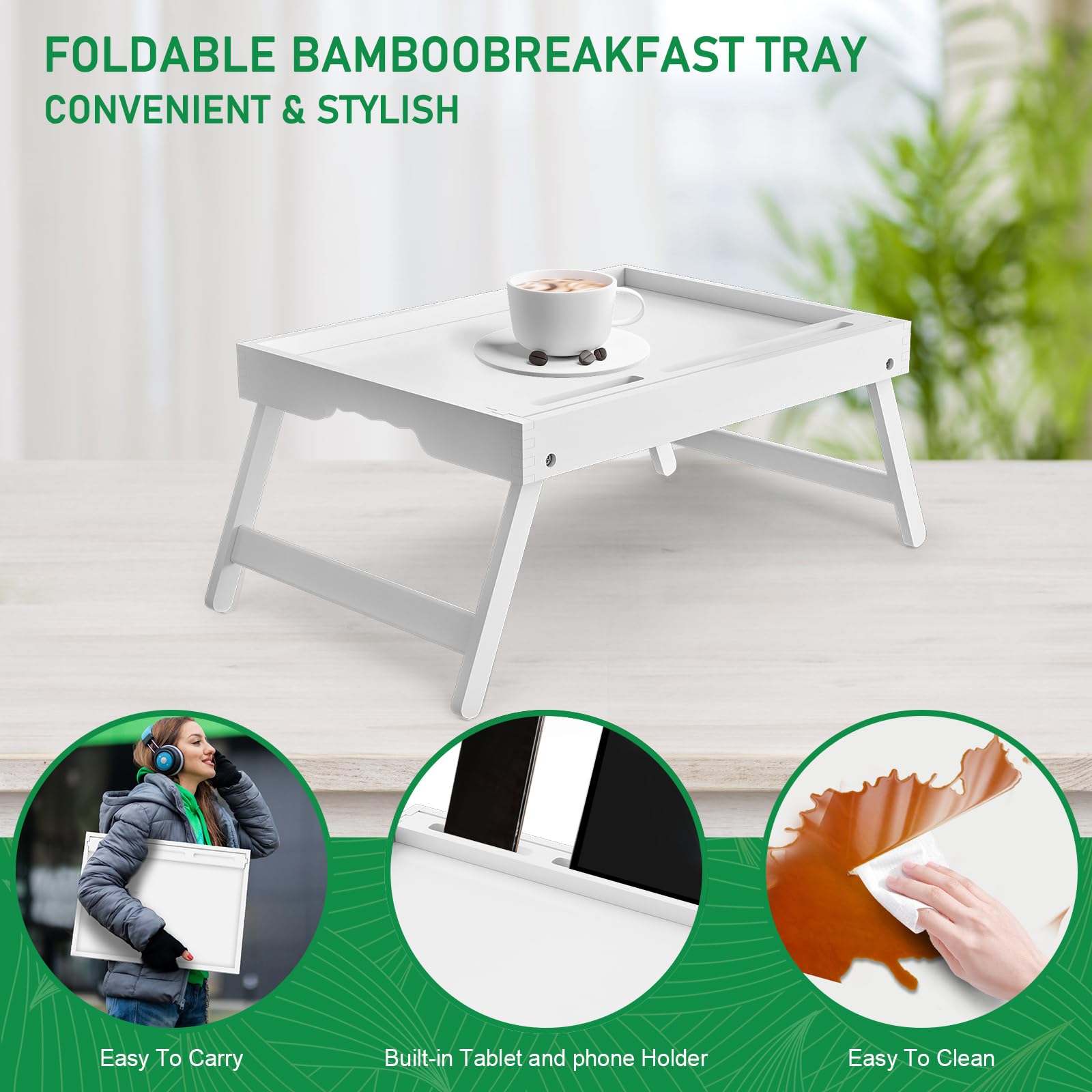 Bed Tray Table with Handles Folding Legs Bamboo Breakfast Food Tray with Media Slot for Platters,Laptop Desk,Snack,TV Tray Kitchen Serving Tray Dormly